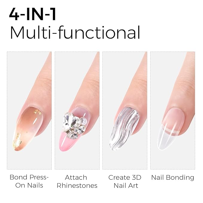 TOMICCA 4 in 1 Nail Glue for Press Ons 30g Gel Nail Glue Strong for Acrylic Nails Lamp Curing Needed UV