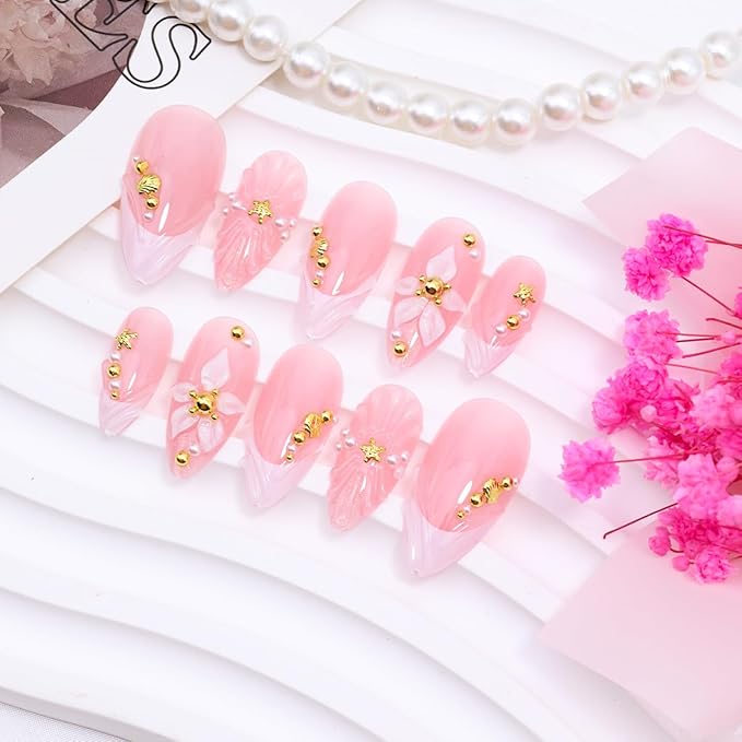 24Pcs 3D Almond Press on Nails Medium White French Tip Fake Nails Gold Beads Shell Starfish Rhinestones Design Flower Glue on Nails Spring False Nails Handmade Acrylic Nails for Women Manicure
