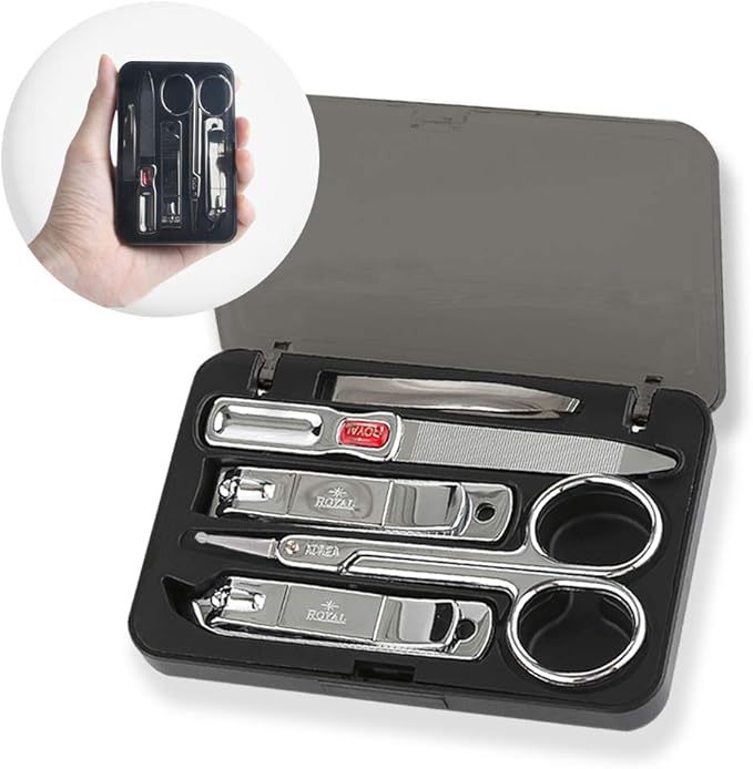 [Made in Korea] ROYAL 5 Pcs Compact Nail Clippers Set-Nail Clipper, Cuticle Remover, Nail File, Mini tweezer, Safety Scissors with Portable case Black