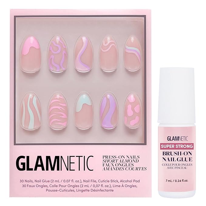 Glamnetic Press On Nails & Brush On Nail Glue Bundle - Wild Card | Semi-Transparent Short Almond Nails with Trendy Pastel Prints | 12 Sizes - 24 Nail Kit with Glue | Reusable, Salon-Quality Fake Nails