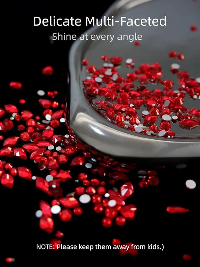 6080PCS Dark Red Rhinestones for Nails, Rhinestone kit with 20 Shapes, 3D Flatback Crystals Diamonds for Nail Art Design, Mix Sizes Nail Charms and Gems(Tweezers Included)