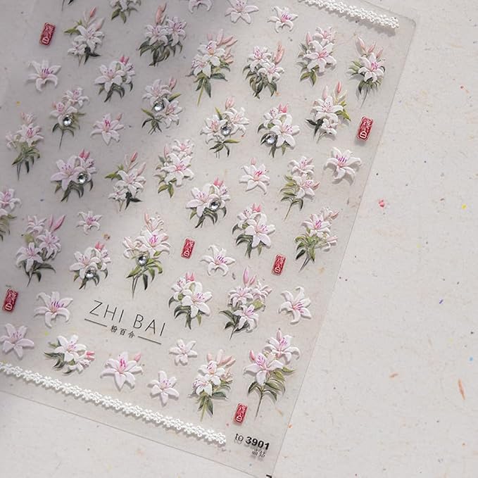 5D Embossed Spring Floral Nail Art Stickers, Lily Design with Elegant Effect for Valentine's Day