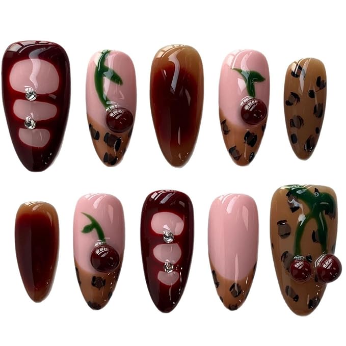Handmade Press on Nails Brown French Medium Almond Fake Nails with Cherry Rhinestone Design Spring Summer False Nails Luxury Gradient Stick on Nail Muti-Layer Gel Acrylic Nail for Women (Size M)