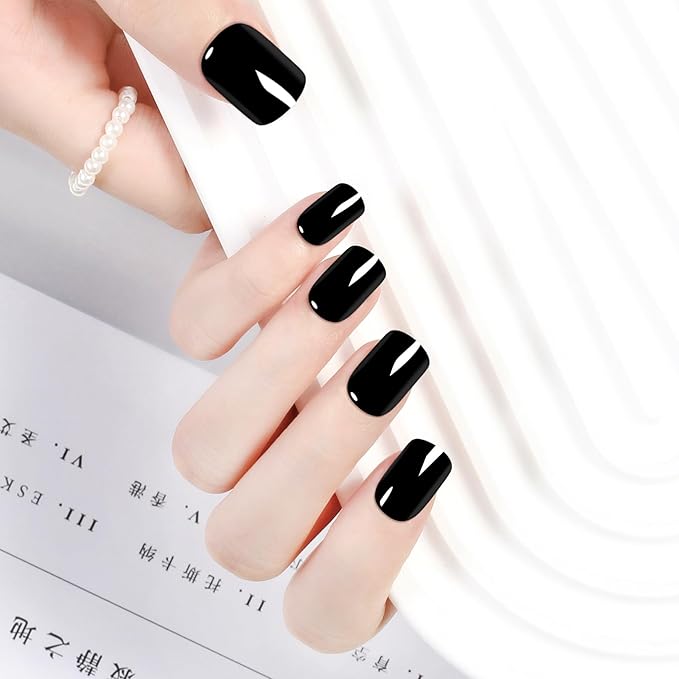 Black Gothic Press On Nails Short - No Glue Square Acrylic Fake Nails, Chip-Free Breathable Fit with Nail File for Beginners, 24 Nails in 12 Sizes