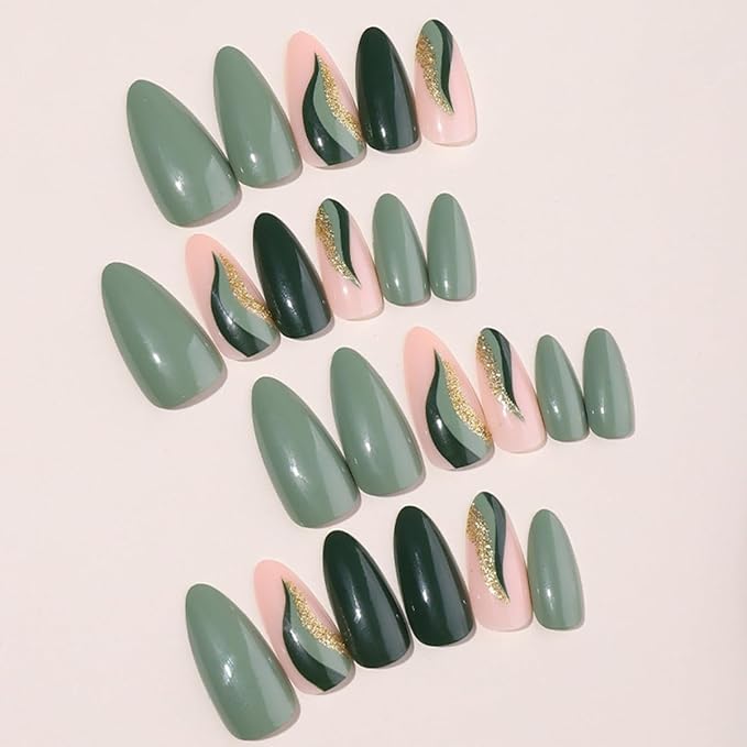 Press on Nails Green - Medium Almond Fake Nails with Gold Foil Design - Christmas, Glossy Full Cover Stick on Nails - for Women 24 Pcs