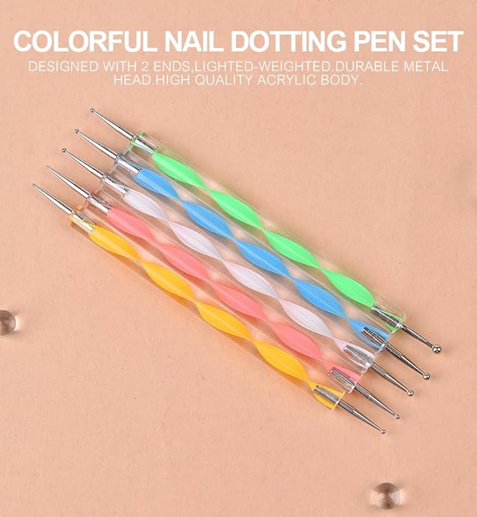 5Pcs Double-ended Nail Art Dotting Pens 10 Different Diameter Ball End Dots Painting Pen Tool 2 Way Nail Art Design Tools for Nail Decorations Art Stippling Engraving Drawing