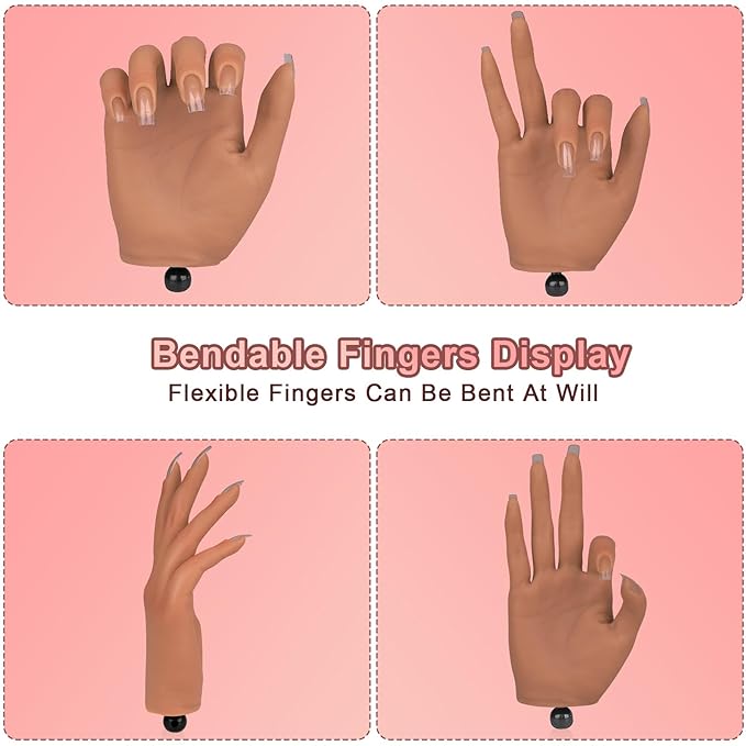 Practice Hand for Acrylic Nails,Silicone Nail Practice Hand with Stand Bracket,Flexible Bendable Nail Practice Fake Hand, Nail Training Hand Mannequin for Nail Art Display Beginners, Nail Tech