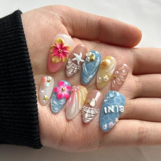 Press On Nails - Medium Almond Handmade Unique Fake Nails, Artistic Design, Thick Acrylic and Muti-Layer Gel False Nails (Size M)