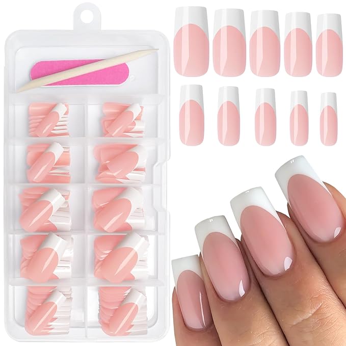 AddFavor 120pcs White French Tip Press on Nails Medium Square Fake Nails Nude False French Tip Nails Press ons Nail Acrylic Artificial Stick Nail with Adhesive Tab for Women Girls