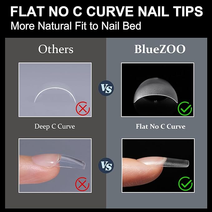 BlueZOO Medium Square Gel Nail Tips 600Pcs 12 Sizes Kit, Tapered Pre-etching Square Press On Nails for Extension Manicure Easy DIY Art Home Salon Supplies Full Cover Half Matte Acrylic Nails Tip Women