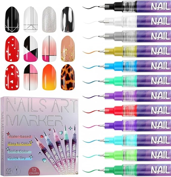 12 Colors Nail Art Pens & Nail Markers Set, 0.5mm Ultra-Fine Tip Acrylic Paint for Nail Painting & DIY Manicure, Water-Based Quick Dry Design Tools, Easy for Everyone, Easter Basket Stuffers (12PCS)