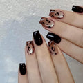 Black Leopard Press on Nails Short Square Fake Nails Glossy Cat Eye False Nails Press ons Reusable Artificial Nail Full Cover Gradient Stick on Nails for Women Manicure 24Pcs