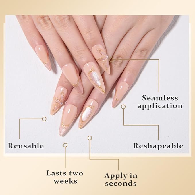 French Tips Press on Nails Almond Medium Length - Stiletto Acrylic Fake Nails with 3D Gold Line Cat Eye Floral Design, Reusable Glue-On Stick for Fall Flower Fashion Nails for Women