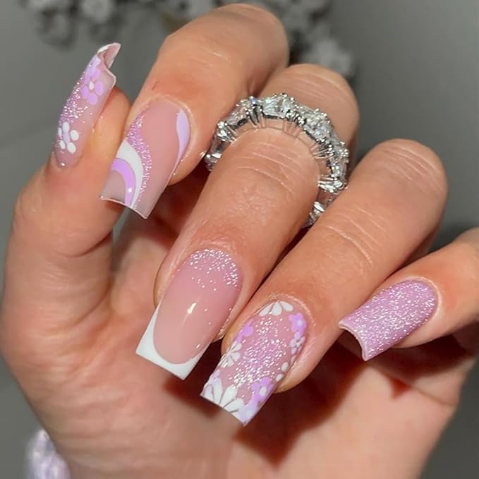 Square Press on Nails Medium Hot Pink Fake Nails Glitter Flower with line Design Pink French Tip False Nails Stick on Nails Full Cover Artificial Glue on Nails for Women DIY Nails Art Decoration 24Pcs