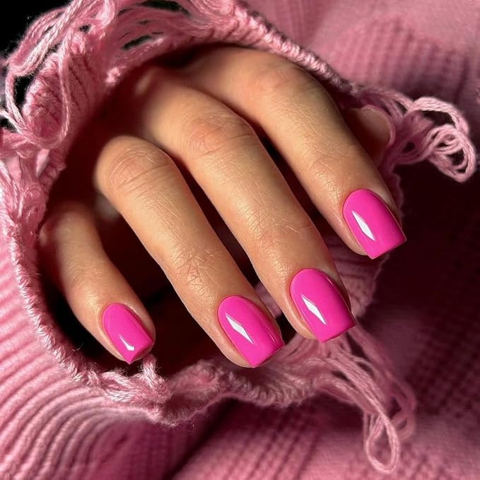 Hot Pink Press on Nails Short Square Natural Short Gel Nails Glue on Acrylic Nails Press ons Neon 48Pcs Thick Reusable Fake Nails for Women Short Coffin Artificial Nails New Solid Color Square Nails