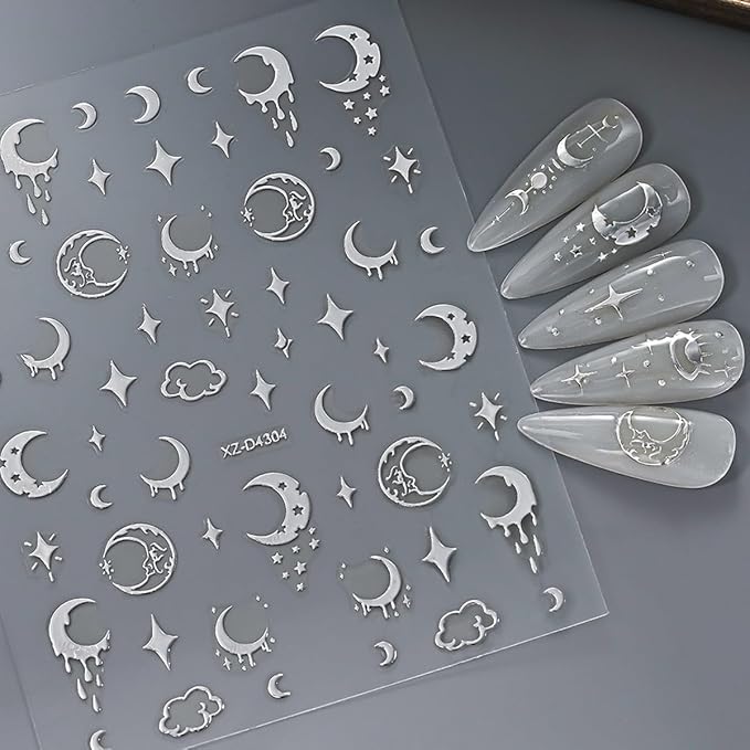 12 Sheets Silver Nail Art Stickers Star Nail Stickers Heart Nail Decals Self Adhesive Evil Eye Nail Art Supplies for Women Girls DIY Manicure Nail Art Decorations