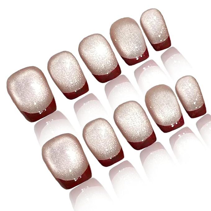 Press On Nails, COOLYOUNG Red French Tip Press On Nails, Cat Eye Nails, Short Natural Acrylic Fake Nails for Women, 30 PCS False Nails