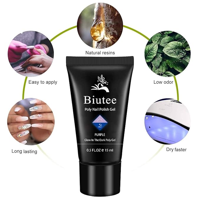 Glow in the Dark Poly Gel Nail Kit, Biutee 5 Colors Neon Poly Nail Extension Gel Builder Gel Manicure Kit for Nail Art Starter Kit