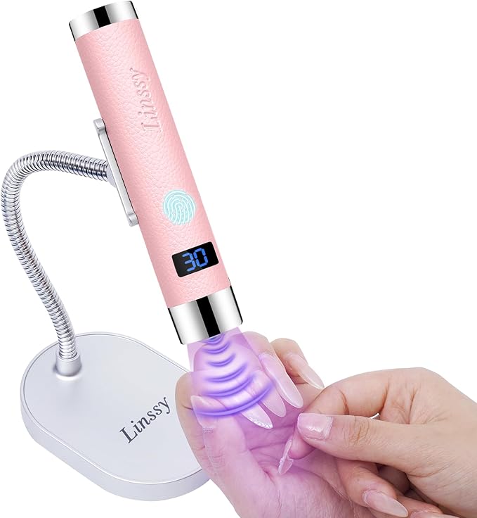 Mini UV Light for Nails with Auto Sensor & Gooseneck Stand,Portable Cordless Nail Lamp Flash Cure Lamp with LCD Display,Handheld UV Light for Gel Nails at Salon & Home Use (Pink)