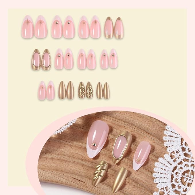Almond Press on Nails - Medium White French Tip Fake Nails Press ons with Gold Star & Rhinestones Designs, Glossy Acrylic Nails Full Cover Glue on Nails for Women Manicure 24Pcs
