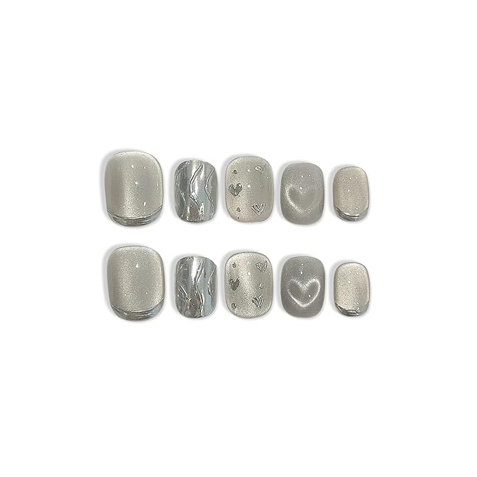 Press on Nails Short Squoval Square, Diamond Dust Hearts Holographic False Nails,Cat Eye Glow Glue on Nails,Icy Shimmer Fake Nails Kit,Luxe Sweet Ins Design False Nails with Tools 10pcs(L)