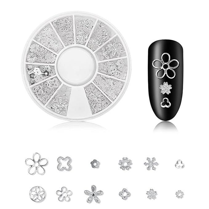 3D Nail Charms CXUEMH 6 Boxes 72 Grids Nail Rivets Set Metallic Nail Art Stickers Nail Jewelry Decorations Multiple Shapes Silver Star Metal Nail Studs Decals DIY Nail Accessories (silver)