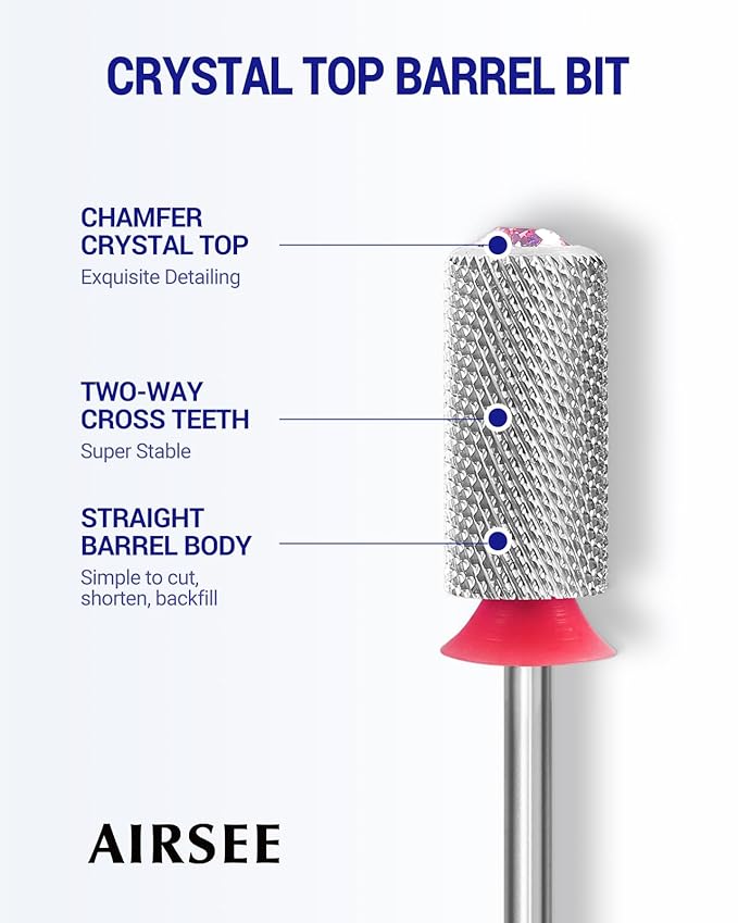 AIRSEE Tungsten Carbide Acrylic Nail Drill Bit Efile Electric File Machine Head Tip for Manicure Polishing Art Remove Gel 3/32" 2 Way Beginner Safety Pink Crystal Top Barrel Fine-F