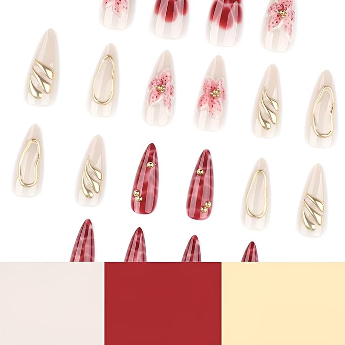 Flower Fake Nails Long Almond Press on Nails Gold Line False Nails Glossy Nails press Ons with Gold Rhinestones Design Acrylic Stick on Nail Reusable Stick on Nail for Women Decorations Set 24Pcs