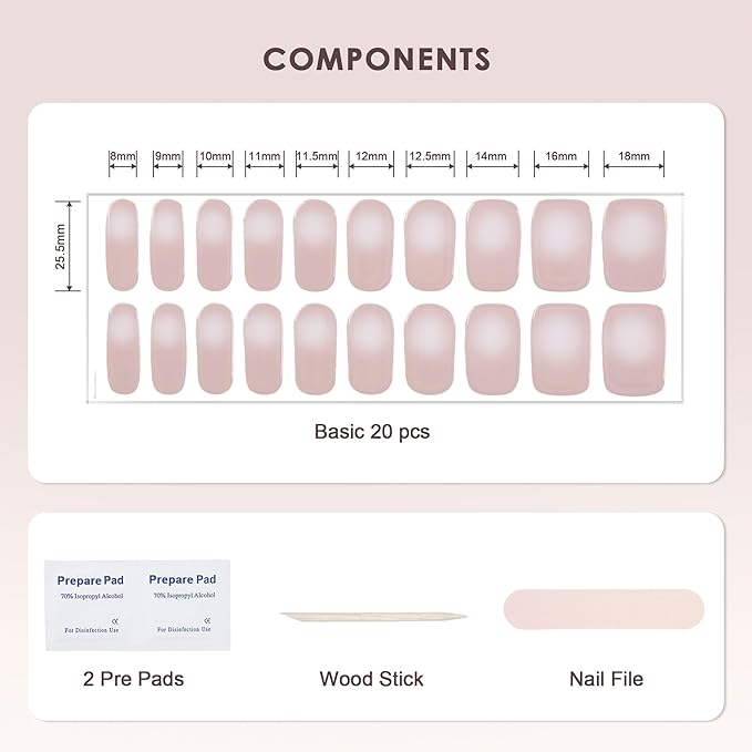 Semi Cured Gel Nail Strips – Real Gel Nail Polish Wraps for Brittle Nails | Waterproof Long Lasting Easy Peel-Off Removal | Hema-Free | 20-Piece Pink Aura Salon Kit with File & Stick