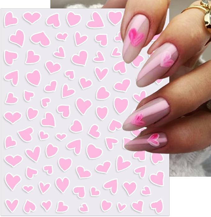 Valentine's Day Nail Art Stickers - Sexy White Border Heart Nail Decals, Self-Adhesive Black White Red Pink Love for DIY 3D Nail Supplies Decoration (6 Sheets)