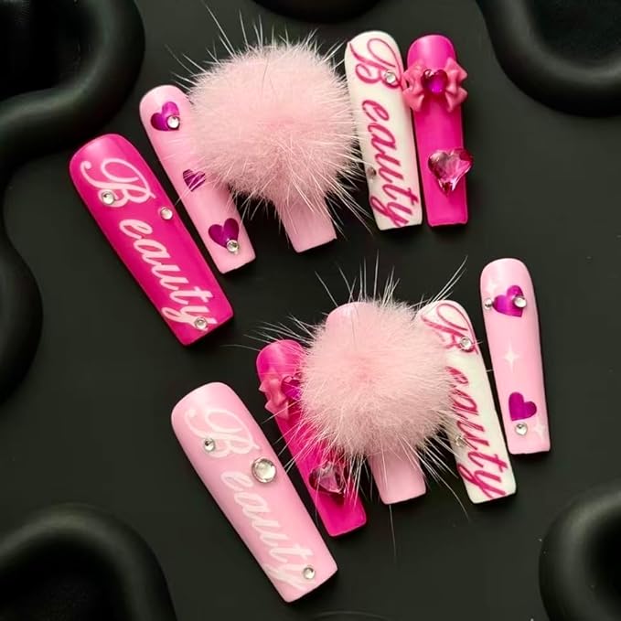 GREENTEA Faux Fur 3D Handmade Press On Nail Long,Nail Pink with Heart and Gem Accents, Colorful Baby with Storage packages 10 Pcs (Pink-M)