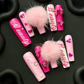 GREENTEA Faux Fur 3D Handmade Press On Nail Long,Nail Pink with Heart and Gem Accents, Colorful Baby with Storage packages 10 Pcs (Pink-M)