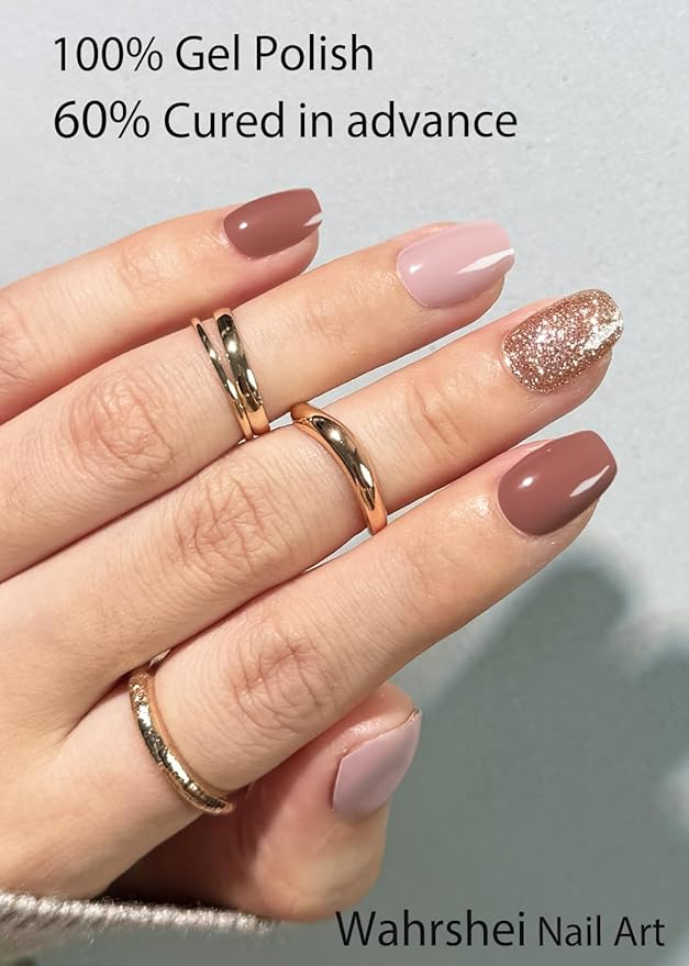 Semi Cured Gel Nail Strips, Camel Glitter 20pcs Adhesive UV Sticker, Wraps for Home Manicure DIY