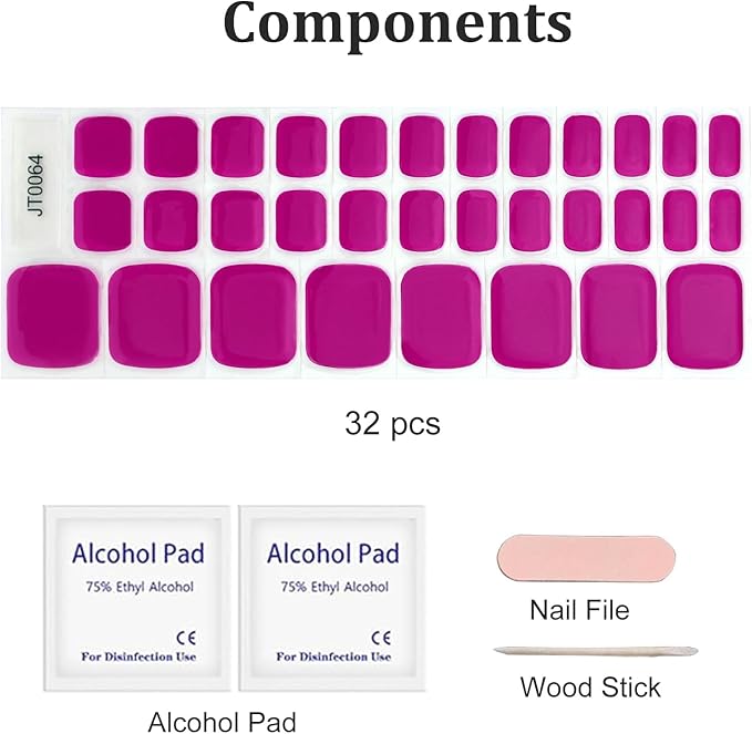 32 Pcs Semi Cured Gel Toe Nail Strips Berry Pink Gel Nail Stickers Full Cover Nails Wraps Self Adhesive Toe Nails Polish Strips Stickers for Women UV/LED Light Required
