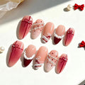 30pcs Christmas Press on Nails Medium Almond Fake Nails Valentine False Nails with 3d Pearl Rhinestones Designs Xmas Gift Full Cover Artificial Glue on Nails French Tip Acrylic Nail Supplies for Women