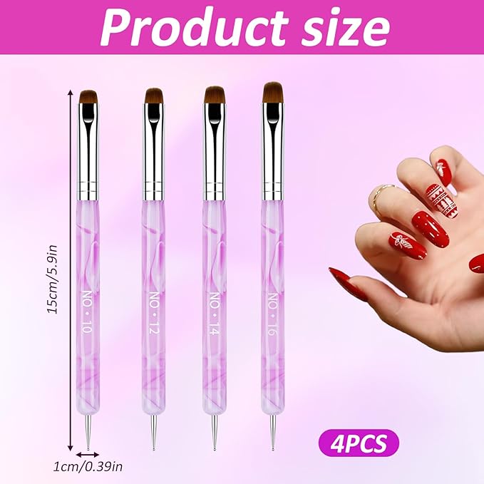 4Pcs Professional Nail Art Brushes Set,French Tip Brush & Nail Polish Clean Up Brush,10#/12#/14#/16# Sizes with Dotting Tool for Manicure Cuticle Detail Designs
