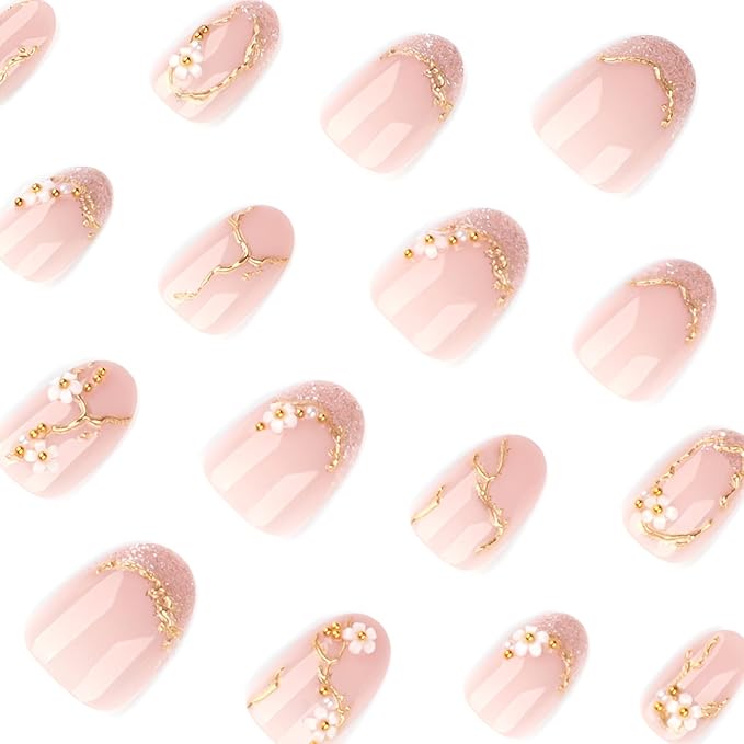 Flower Press on Nails Short Almond Fake Nails Glitter French Tip Nails Press Ons with Gold Line Design Glossy Full Cover Glue on Nail Nude Stick on Nail for Women Decorations Set 24Pcs