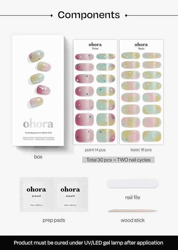 ohora Semi Cured Gel Nail Strips (N Starry Pop) - Works with Any Lamps, Salon-Quality, Long Lasting, Easy to Apply & Remove - Includes 2 Prep Pads, Nail File & Wooden Stick