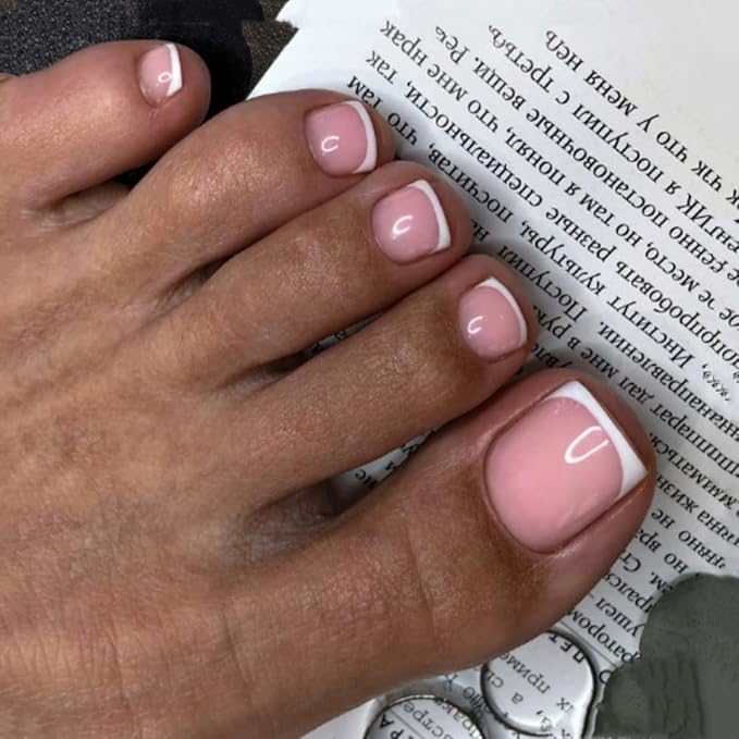 Lamemoria Pre-Design Nude Pink Gel French Nail Toetips, Short French Press On Toenails Square Shape, Basic Fake Nails With Glue Tabs 240 Pcs/Set