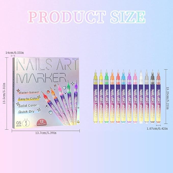 12 Colors Nail Art Pens Set, 2026 Upgraded Nail Art Markers, Fine Tip Nail Art Pen 0.5mm, Portable Nail Art Tools for Dotting Drawing Painting Liner DIY (12pcs)