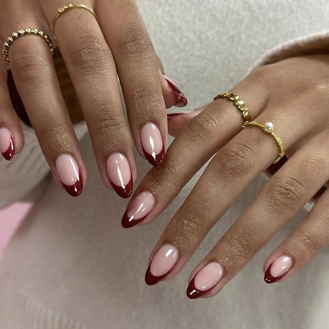 Press on Nails Almond Medium - Wine Red French Tip Fake Nails - Glossy Full Cover Stick on Nails Press Ons - for Women Manicure 24 Pcs
