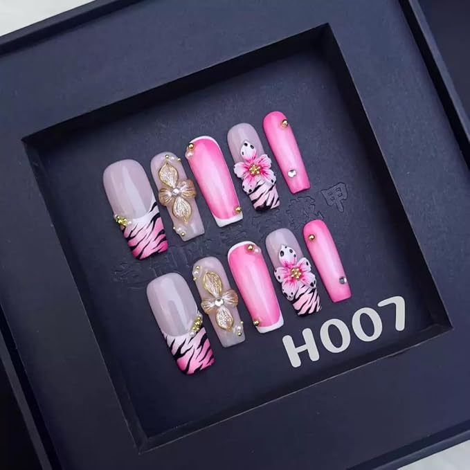 100% 5D Handmade Press on Nails Pink Flower Long Square Fake Nails Press ons Leopard French Tips False Nails Rhinestone Embossed Floral Press on Nails for Women Girls Daily Wear DIY Manicure Size L