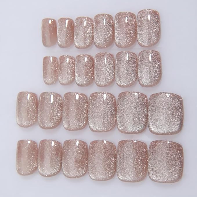 Nude Press on Nails Short Square, Summer Cat Eye Press on Nails, Fashion Gel Fake Nails, Reusable Acrylic Fake Nails, Glossy Stick on Nails for Women, Glue on Nails Kit, Icy Nude