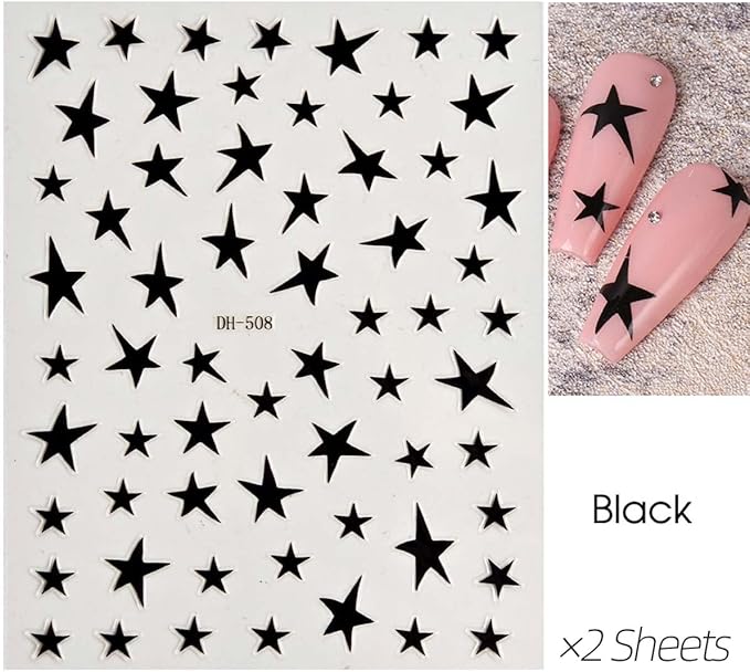 14 Sheets Star Nail Art Stickers, 7 Colors 3D Self-Adhesive Nail Decals with Gold Silver Black White Blue Pink Holographic Stars, 4th of July DIY Manicure Accessories for Women & Girls