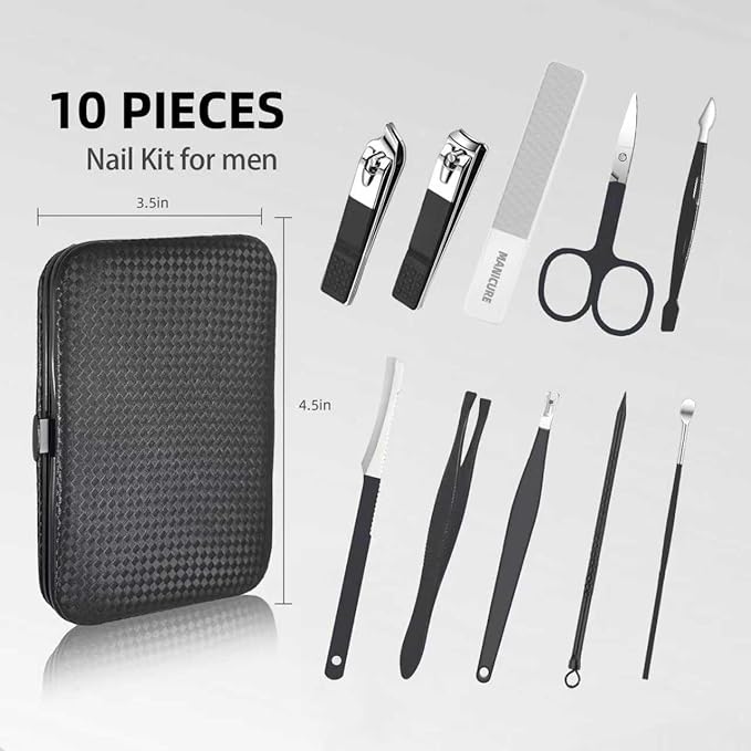 10Pcs Manicure Pedicure Kit Professional Manicure kit for Men Care Nail kit, Mens Nail Care kit,fingernail and toenail Clippers with Portable Luxurious Travel Case (Black)