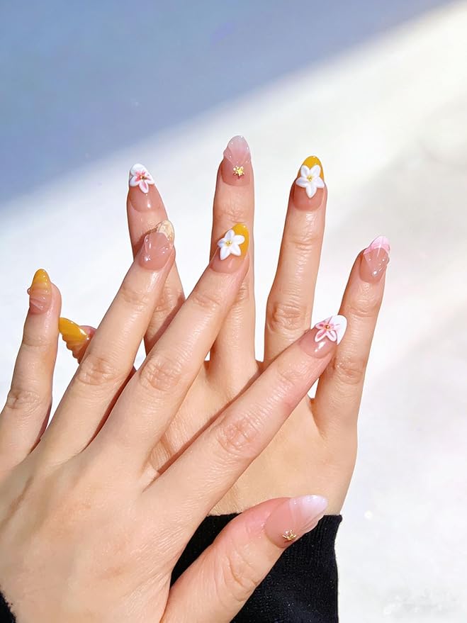 10Pcs Short Almond Handmade Press On Nails | Nude Pink & Yellow Ombre with 3D Seashell, Flower & Starfish Decor | Reusable Salon-Quality Fake Nails for Women and Girls (25902, XS)