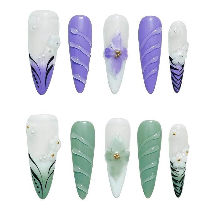 Floral Press on Nails Long Almond - French Tip Design with 3D Hibiscus Flowers Pearl Purple Green Ombre Leopard Print, Nails Arts and Crafts for Women (Flower Fairy, M)