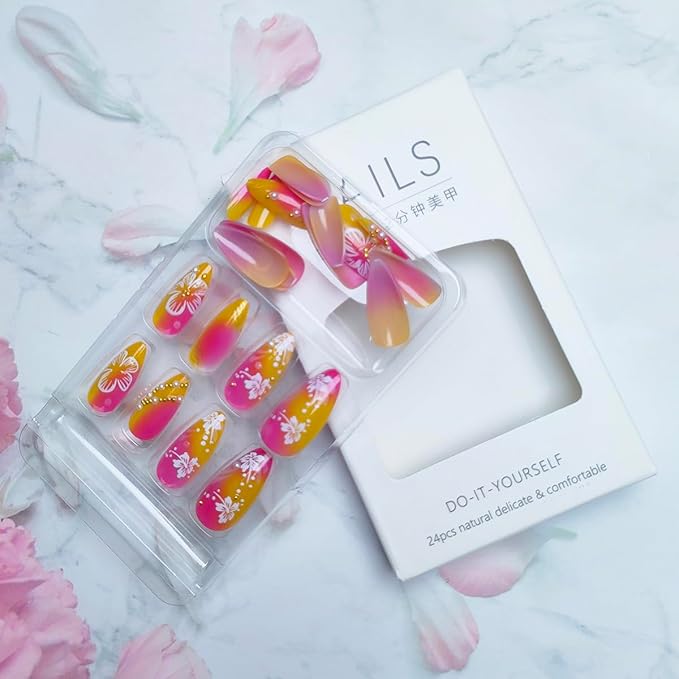 Flower Press on Nails Medium Almond Fake Nails with 3D Pearl Rhinestones Design Hibiscus Floral False Nails Glossy Pink Yellow Gradient Acrylic glue on Nails Full cover Spring stick on Nails for Women