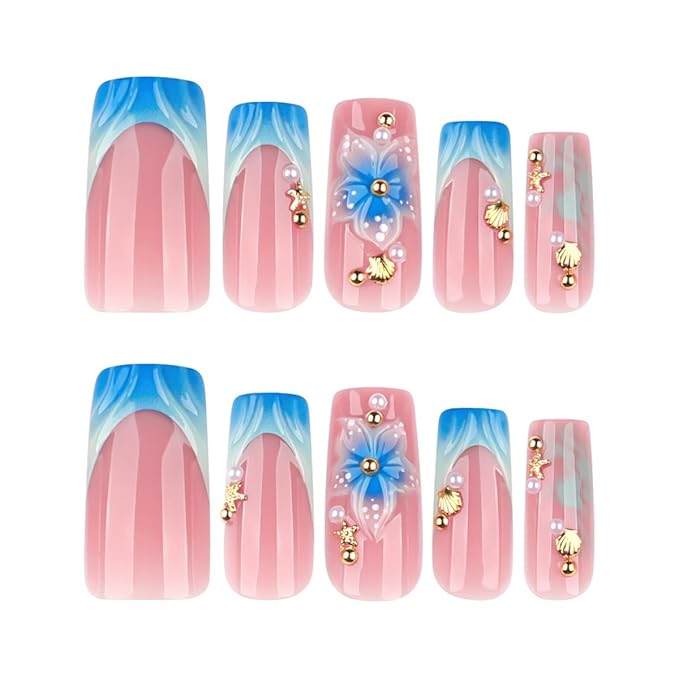 3D Press on Nails Long Square Blue French Tip Fake Nails Flower & Shell & Starfish Design Spring Summer False Nails Full Cover Glossy Stick on Nails for Women Manicure 24PCS