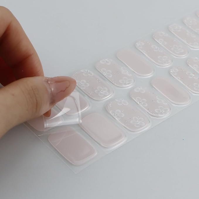 JMEOWIO Gel Nail Stickers Glitter White Flower Semi Cured Gel Nail Strips Wraps UV/LED Nails Art Design Decoration Accessories